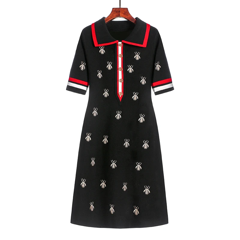 Desenhos animados de malha vestido polo bordado feminino, até o joelho, reto, preto, casual, feminino, plus size, primavera, verão, 2022
