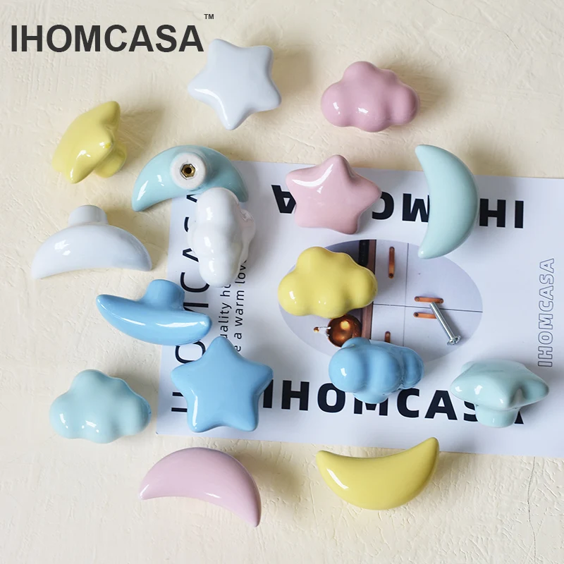 IHOMCASA Ceramic Clouds Stars Moon Hook And Handle Children\'s Room Knobs Furniture Dresser Drawer Knob Wall Cabinet Door Handles