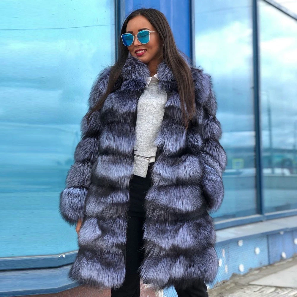 Fashion Long Silver Fox Fur Coats for Women Winter New 2022 Woman Natural Whole Skin Fox Fur Coat Stand Collar Warm Fur Outwear