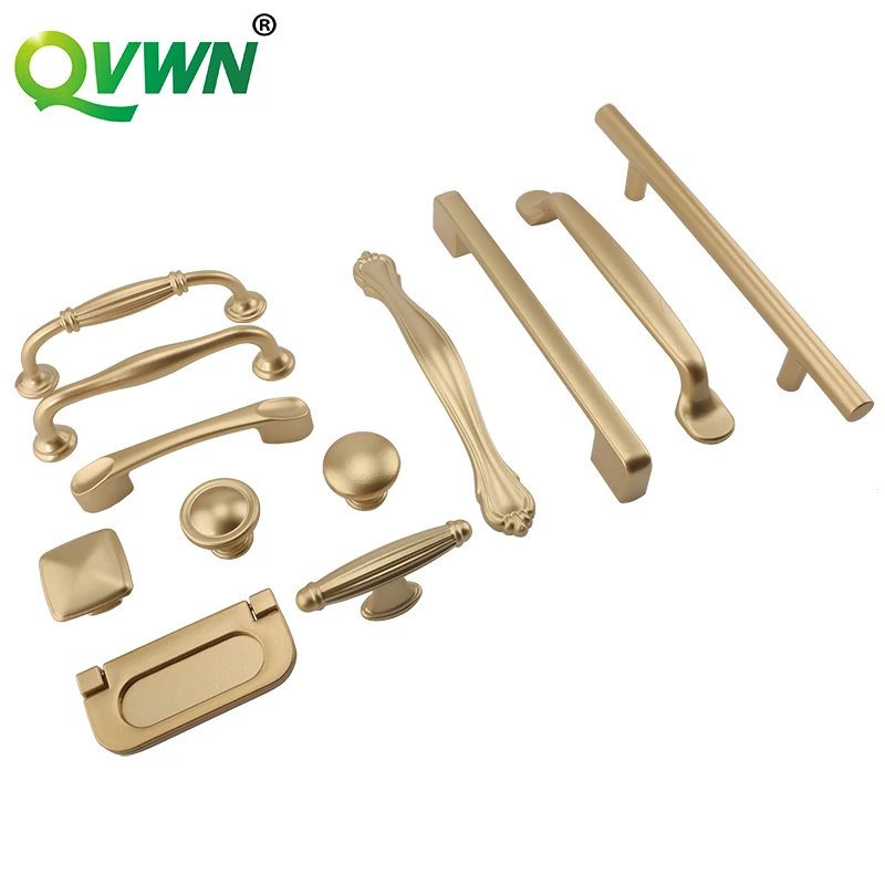 European Style Matte Gold Cabinet Handles Solid Aluminum Alloy Kitchen Cupboard Pulls Drawer Knobs Furniture Handle Hardware