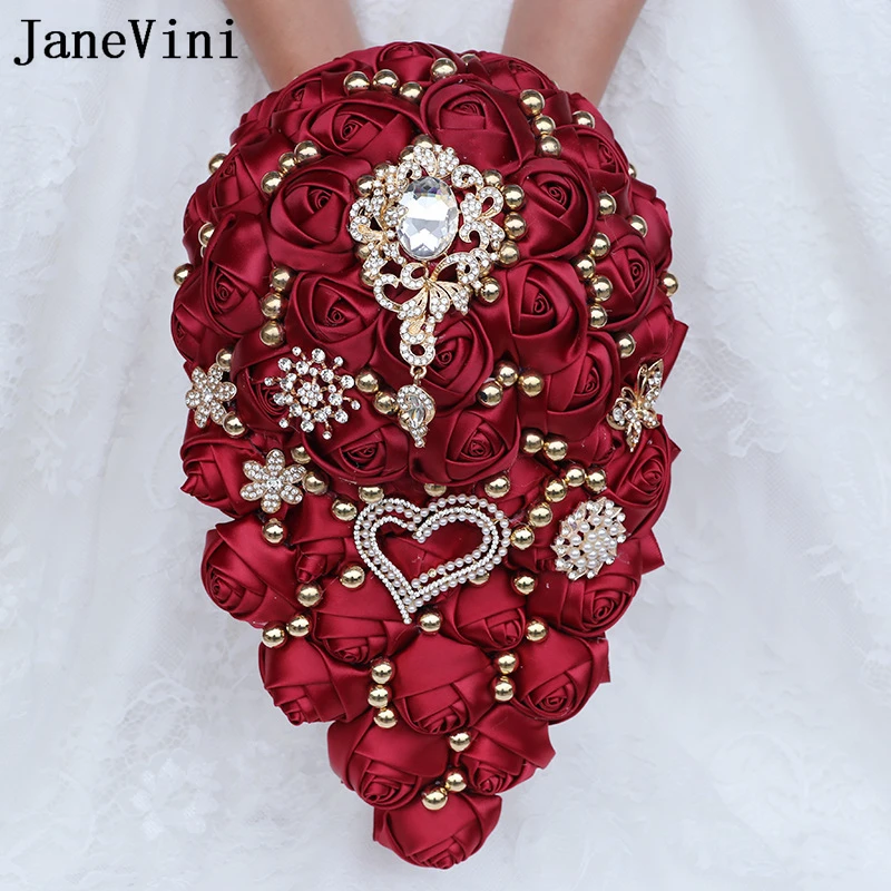 JaneVini New Elegant Waterfall Burgundy Flowers Bridal Bouquets Artificial Satin Rose Rhinestone Wedding Fake Bouquet Accessorie