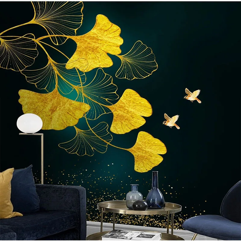 

Custom 3D Photo Wallpaper Any Size Golden Embossed Lines Ginkgo Leaf Bird Nordic Background Wall Paper Sticker