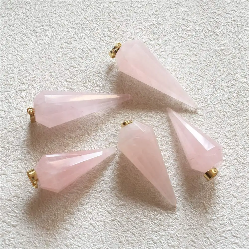 

FUWO Faceted Pink Quartz Pendulum Pendant,Natural Healing Gems Stone Dodecagon Jewelry Wholesale PD341 5Pieces/Lot