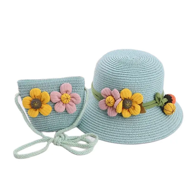 Korean Two Flowers Pumpkin Parent-Child Sun Hat Bag Set Spring Summer Brand Beach Kid Straw Hats For Women Girl Wide Brim Cap