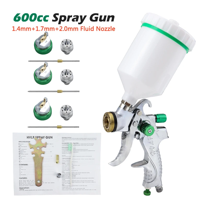 Pistola Pulverizadora Pneumática para Pintura Profissional Capacidade para 600ml Bocal de 1.4 1.7 2.0 mm Ferramenta Ideal para Reparo do Carro e Pintura a Spray