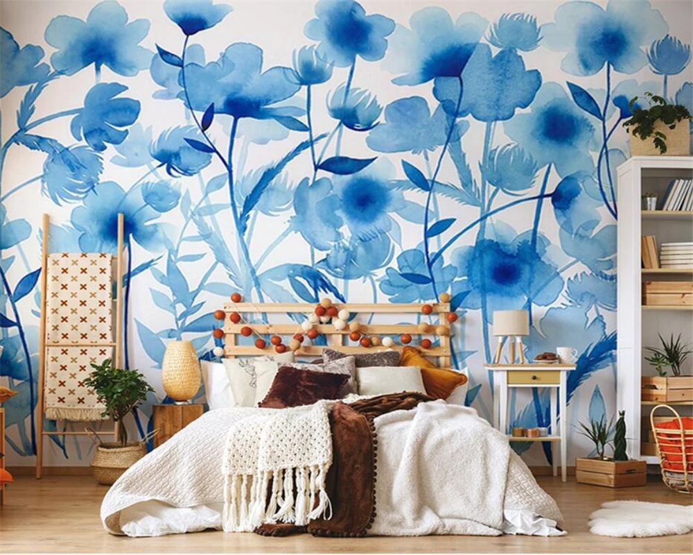 

beibehang Custom modern papel de parede new Nordic blue watercolor flowers living room TV background wallpaper