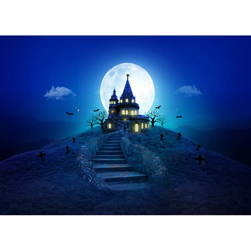 Halloween Backdrop Tombstone Castle Pumpkin Lantern Moon  Portrait Photography Background For Photo Studio Props  211013 JKL-04