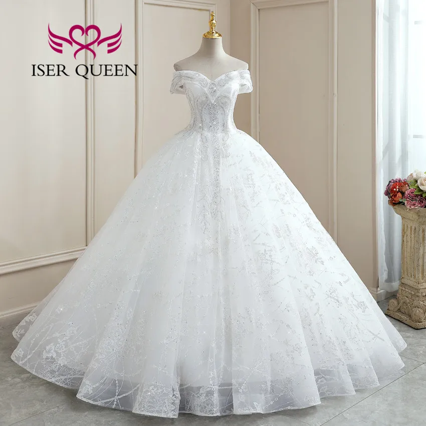 Vestido de novia personalizado con hombros descubiertos, manga corta, Europa, perlas, apliques de encaje brillante, vestido de baile, vestidos de novia WX0256