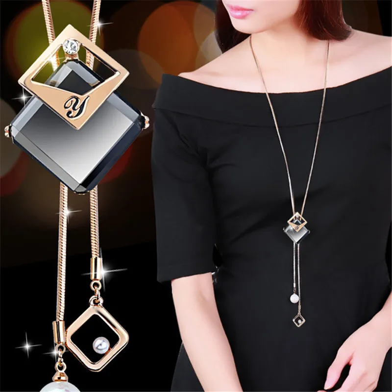 BYSPT Vintage Geometrical Crystal Pendant Necklace Elegant  Tassel Sweater Chain OL Long Necklace Jewelry Female Accessories