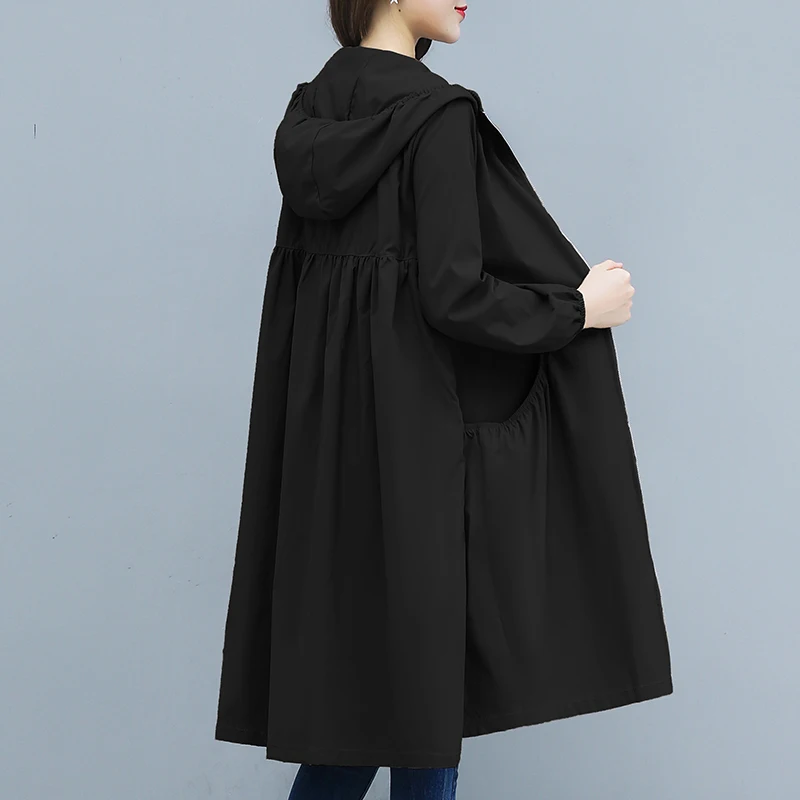 Spring Autumn Thin Hooded Trench Coat Women Korean Casual Loose Solid Long Windbreaker Women Overcoat Female Casaco Feminino