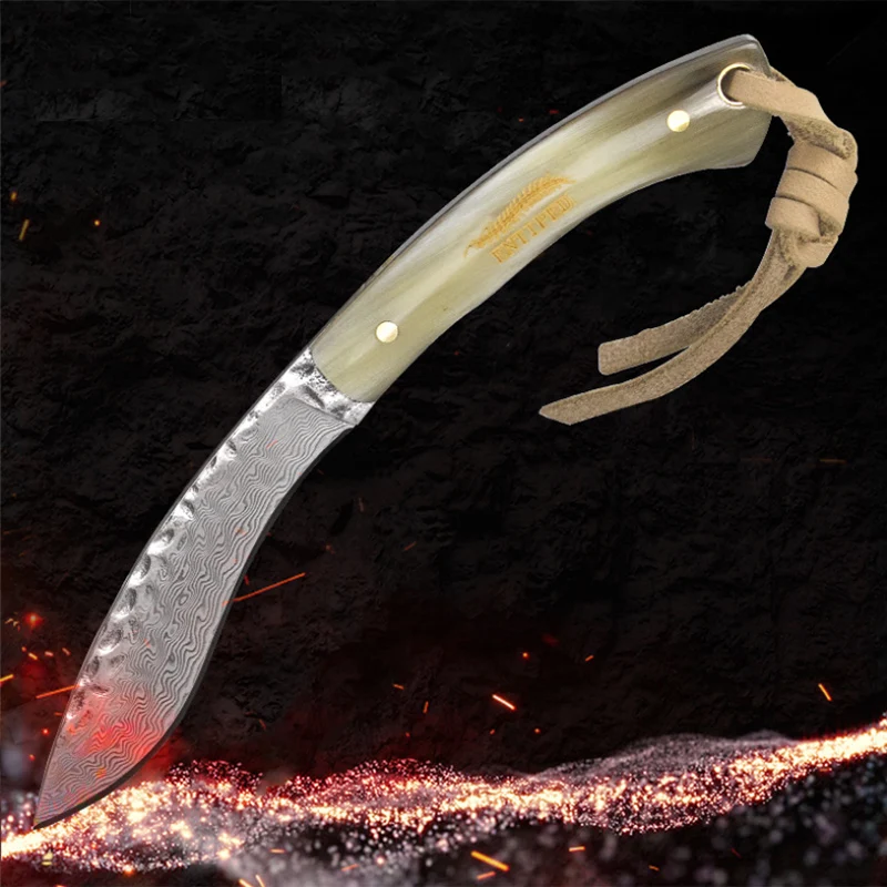 Damascus knife high hardness gold silk horn collection knife field survival straight knife outdoor tools