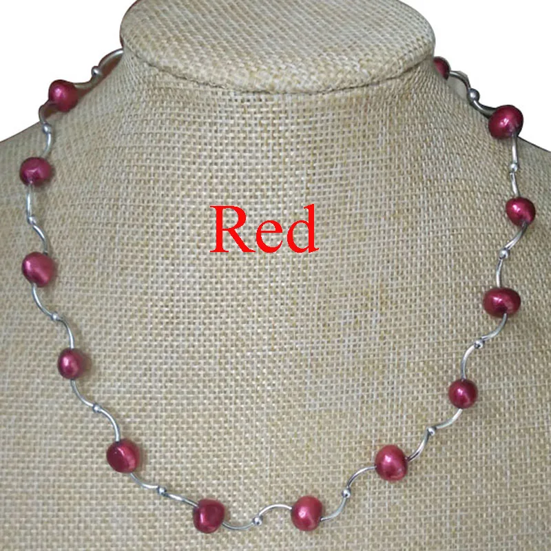 17 inches 8-9mm Red Natural Baroque Pearl Tin Cup Chocker Necklace