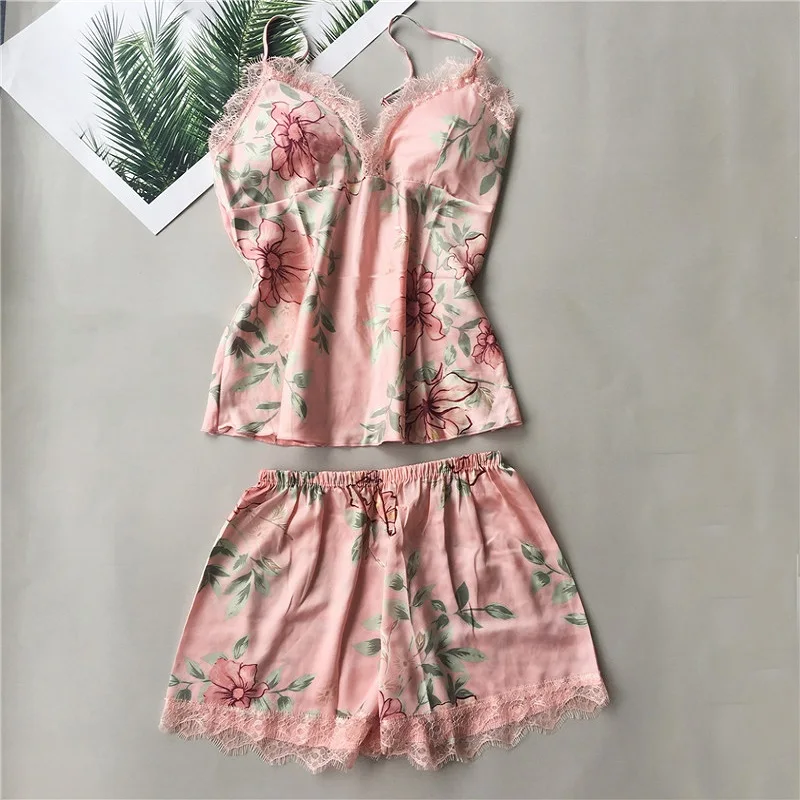 Daeyard Women\'s Pajamas Sexy Lingerie Silk Overall Print Cami And Shorts 2Pcs Pyjama Set Sleepwear Summer Pijama Nighty Homewear