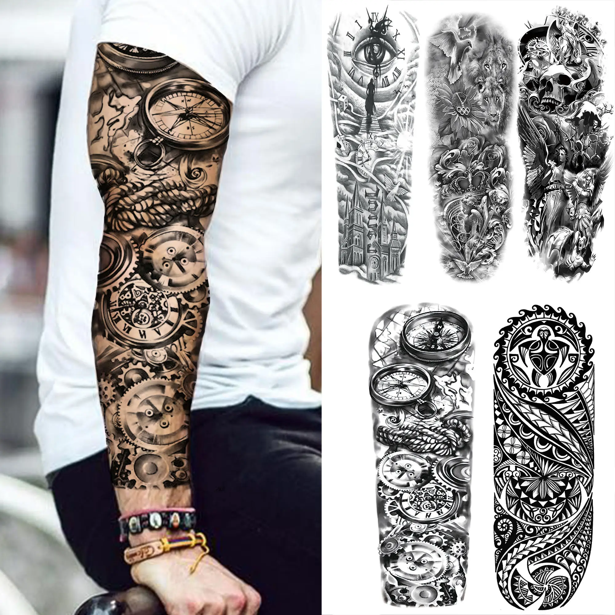 Manga de tatuajes temporales de brazo de Robot brújula para hombres y mujeres, calaveras falsas realistas, Ángel, tatuajes de brazo completo, tótem