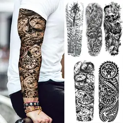 Manga de tatuajes temporales de brazo de Robot brújula para hombres y mujeres, calaveras falsas realistas, Ángel, tatuajes de brazo completo, tótem Maori, pegatina de tatuaje