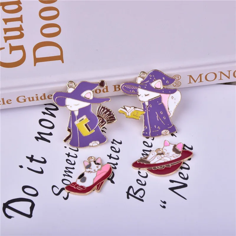 10pcs/pack Halloween Witch Sorcerer Cat Enamel Metal Charms Earring  Bracelet DIY  Necklace Jewelry  Making