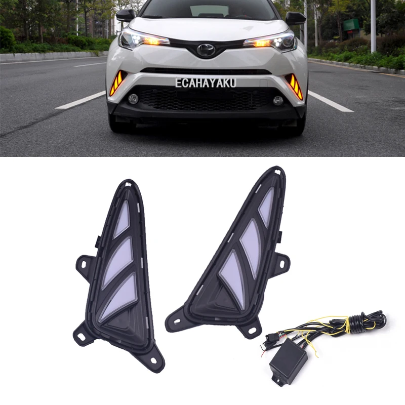 

2 Pieces Turn Signal Yellow Flashing Car LED Daytime Running Lights 12V Daylight DRL Fog Lamp Hole for Toyota CHR C-HR 2017~2020