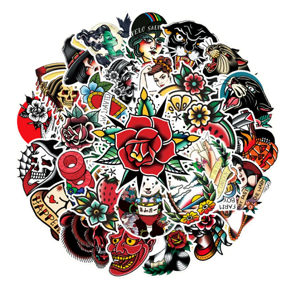 10/30/50PCS Tattoo Rose Skull Pattern Graffiti Hand Account Notebook Luggage Decoration Waterproof Stickers Wholesale