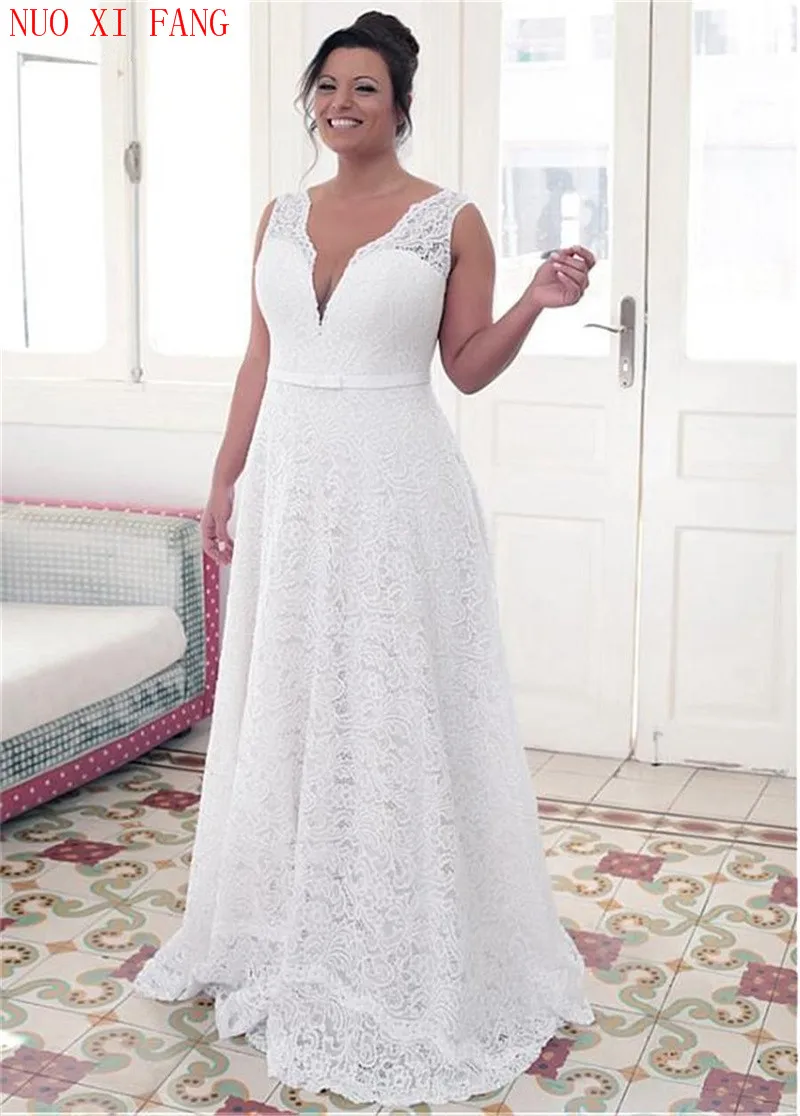 NUOXIFANG – robe De mariée en dentelle blanche, grande taille, col en V, ligne a, à la mode, bon marché, 2022