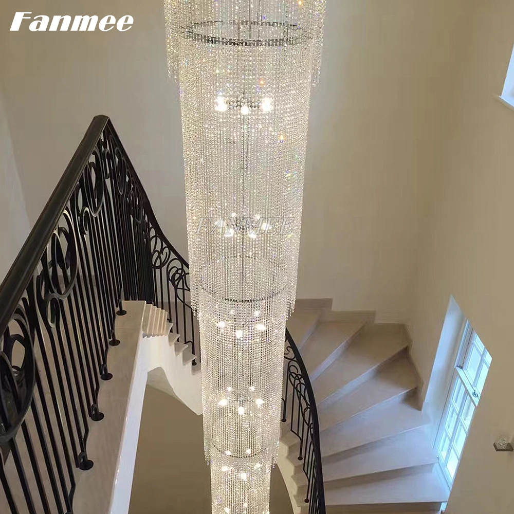 Luxury Cylinder Crystal Pendant Chandelier LED Modern Clear Crystal Chandelier Lighting Hotel Staircase Decor Cristal Long Lamp