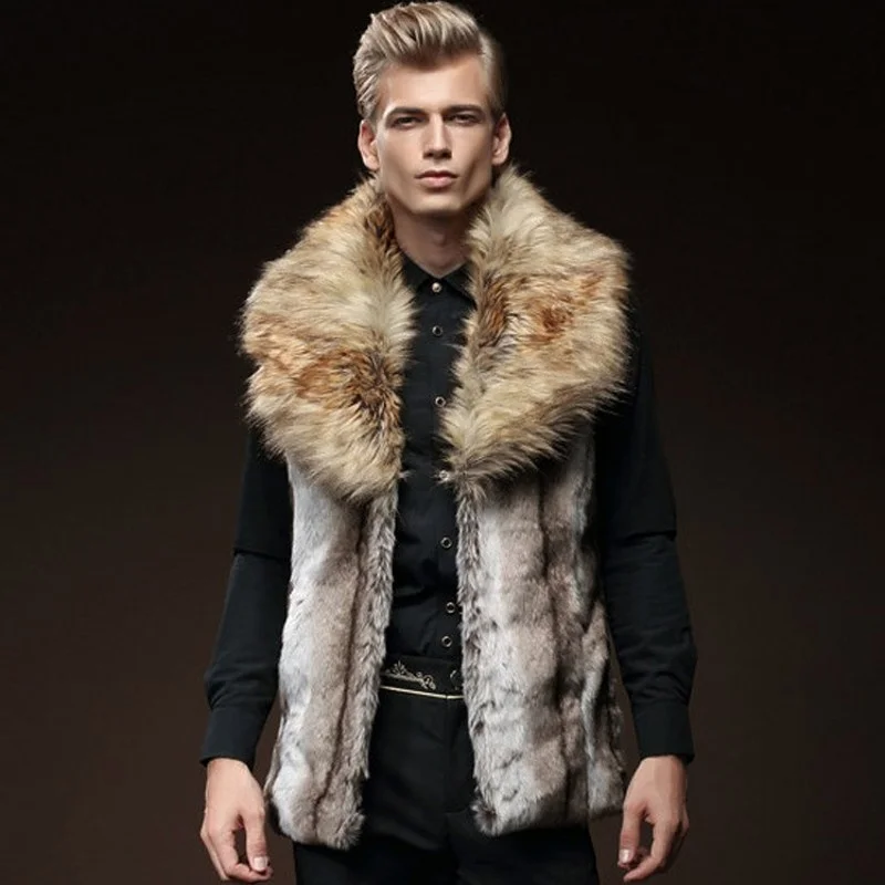 

Quality High Mens Winter Faux Raccoon Fur Collar Warm Sleeveless Vest Slim Fit Warm Fur Thick Outwear Coats Male Waistcoat Vests