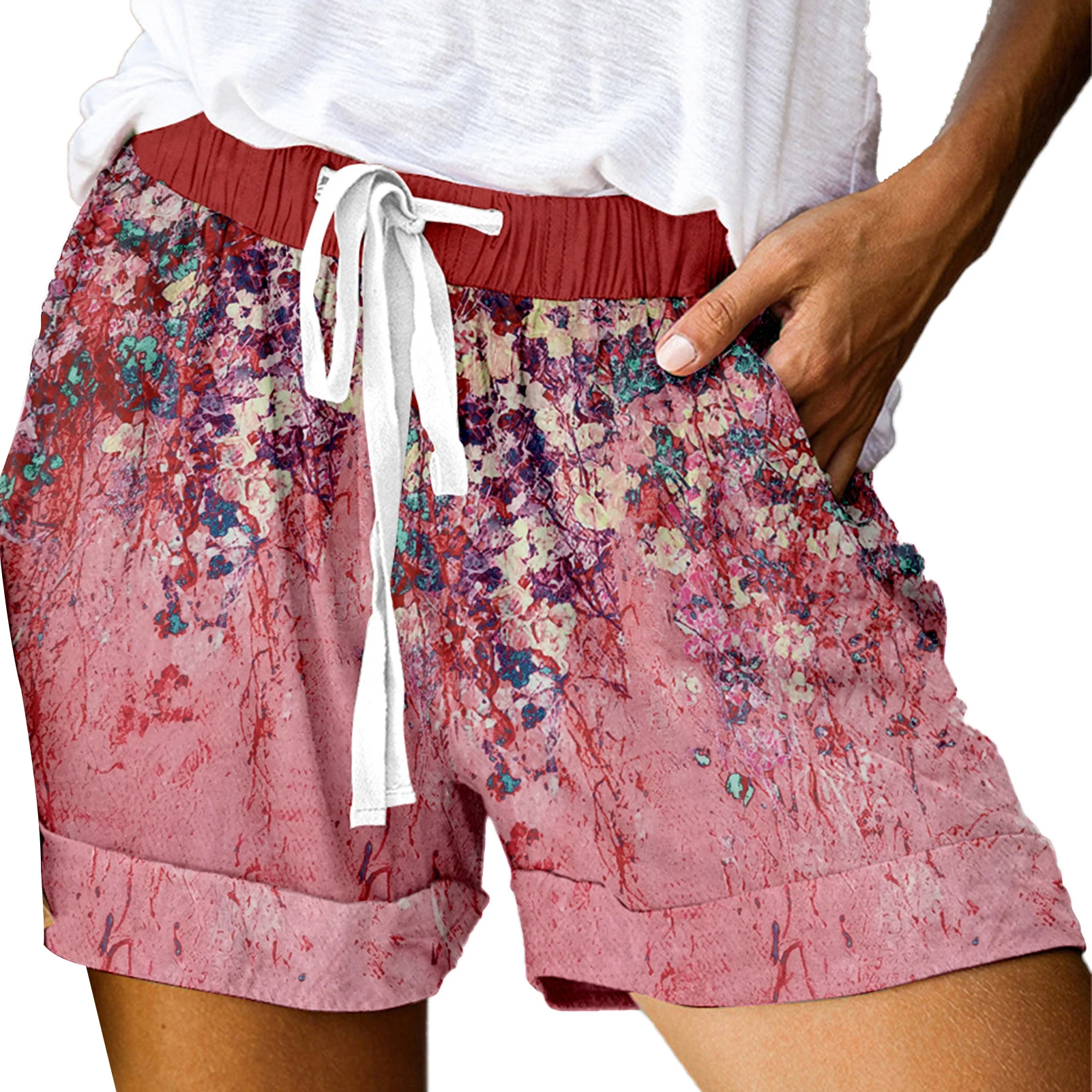 Shorts feminino estampa floral, perna larga verão, folgado, cordão, cor sólida, esportivo, casual, com bolso, cintura alta, roupas femininas