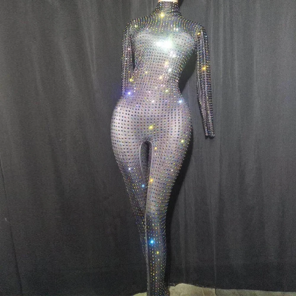 Club  Rhinestone Women long sleeve Jumpsuit Party Tight Fitting Black Rompers Singer Stage Show Wear