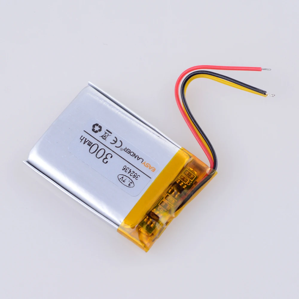 Bateria recarregável do polímero do Li-íon do lítio, 3 linhas, 382436, 3.7V, 300mAh, para GPS, MP3, telefone celular, orador