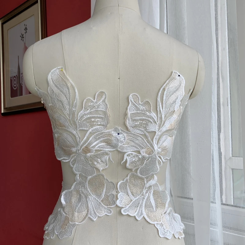 10 pezzi ricamo Patch di pizzo Appliques Champagne avorio perline paillettes abito da sposa decorazione accessori di abbigliamento fai da te