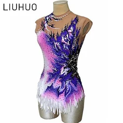 ice skating apparel Girls Rhythmic Gymnastics Leotards women Purple Jewelry Competition Gymnastics Costumes Dance Tights Teens