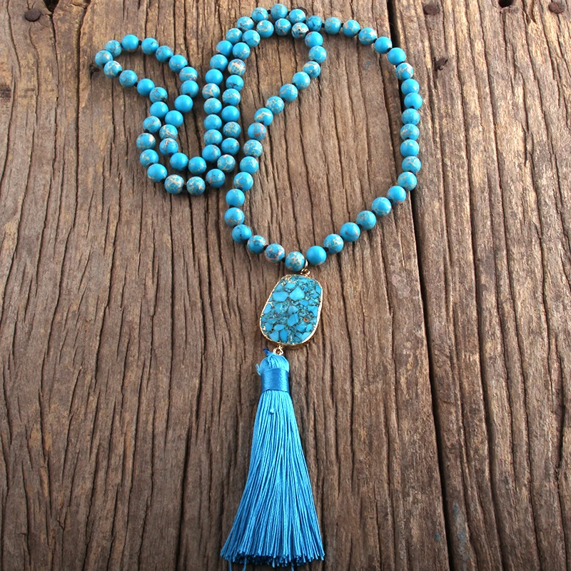 RH Fashion Bohemian Jewelry Natural Stones Knotted  Stone Links Tassel Necklaces Women Necklace Gift Drop Shipping