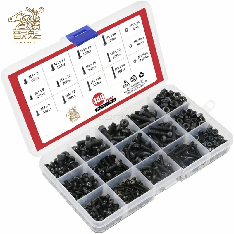 460Pcs ISO7380 M3 M4 M5 Alloy Steel 10.9 Level Black Hexagon Socket Button Head Screw Furniture Cap Hex Bolts Kit