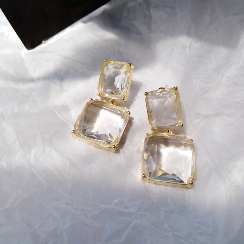 Korean Baroque Retro Temperament Crystal Clip Earrings Creative Transparent Simple Geometric Square Clip on Earrings No Hole
