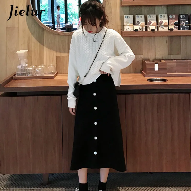 Jielur New Solid Color Skirts Womens Loose Elastic Waist Button Jupe Femme Knitted Autumn Winter Skirt Black Faldas Mujer Moda