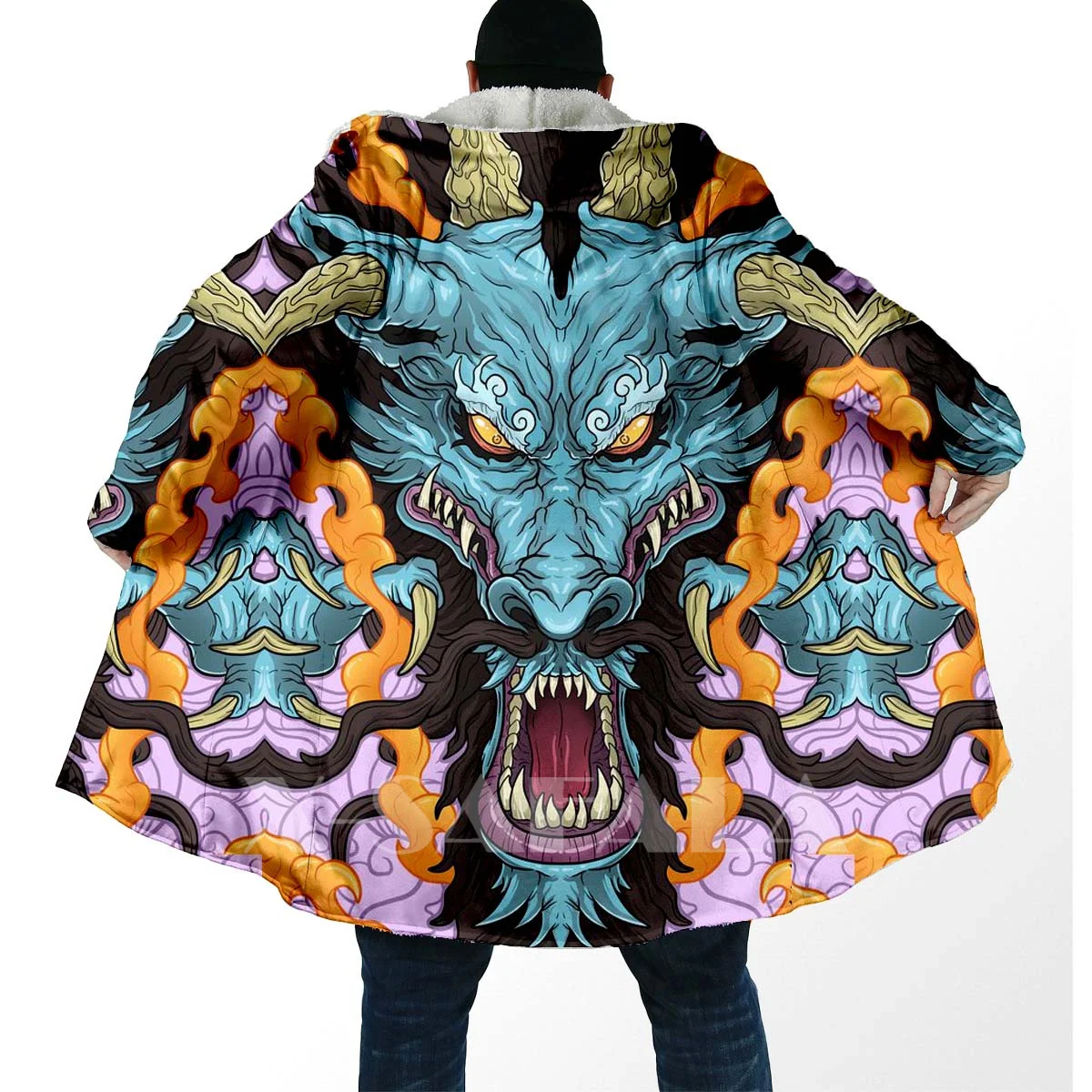 

Thick Warm Hooded Cloak for Women Men Samurai Mask Tattoo Ninja Overcoat Coat Windproof Fleece Cape Robe Hooded Blanket-3