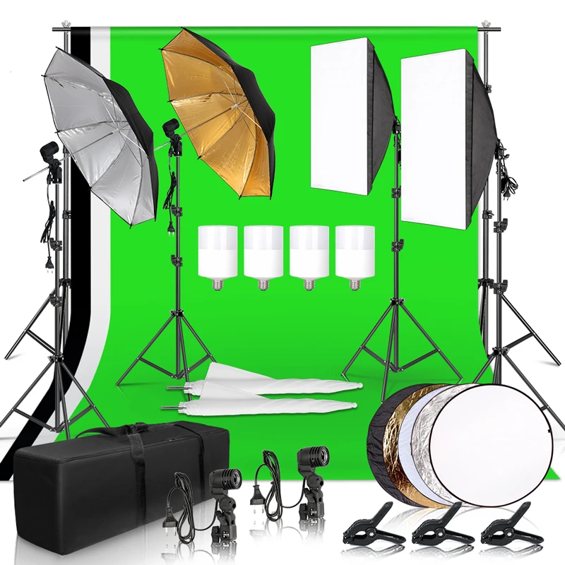 

Photo Studio LED Softbox Umbrella Lighting Kit 2.6Mx3M Background Support Stand Green Backdrop for Photography Video Shooting