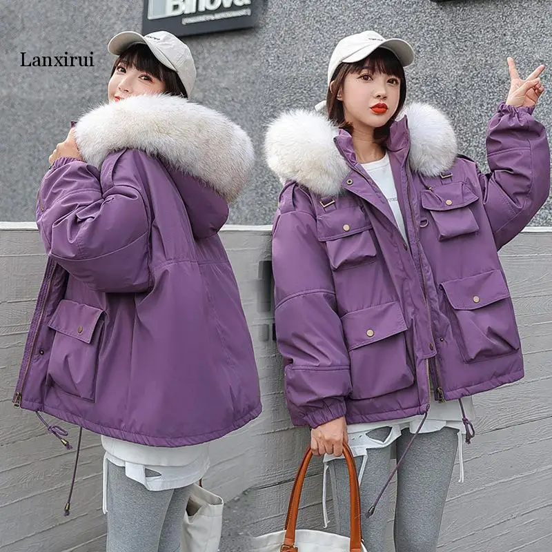 

Woman parkas jacket winter new women's loose short female jacket Casual Multi-pocket Fur collar Women's coat Clothing