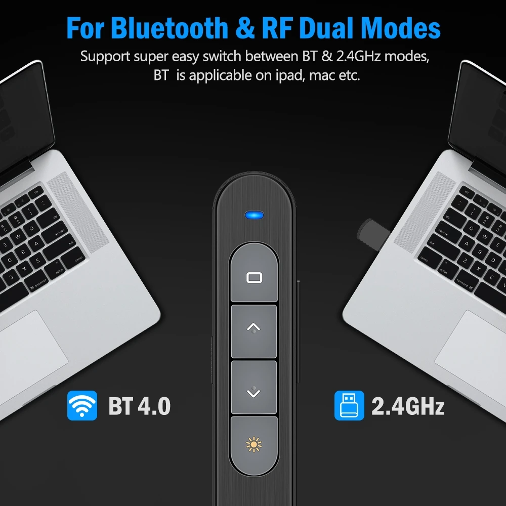 Bluetooth Wireless Presenter USB Rechargeable RF 2.4GHz Dual Modes Presentation Clicker For Powerpoint Red Light Pointer For PPT