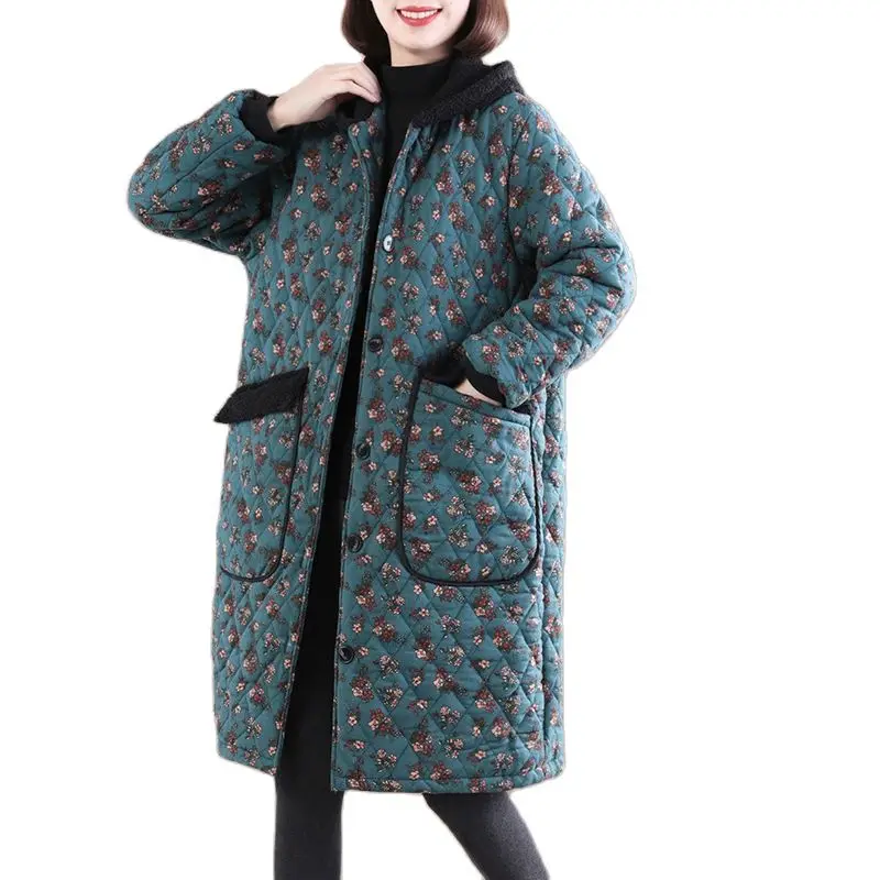 2024 Quilted Thick Warm Plaid Cotton Coat Women\'s Clothing Winter Jacket Casual Hooded Stitching Long Parkas Overcoats D688