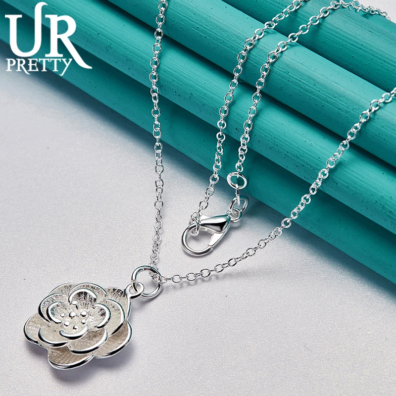 

URPRETTY 925 Sterling Silver Rose Flower Pendant Necklace 16/18/20/22/24/26/28/30 Inch Snake Chain For Woman Engagement Jewelry