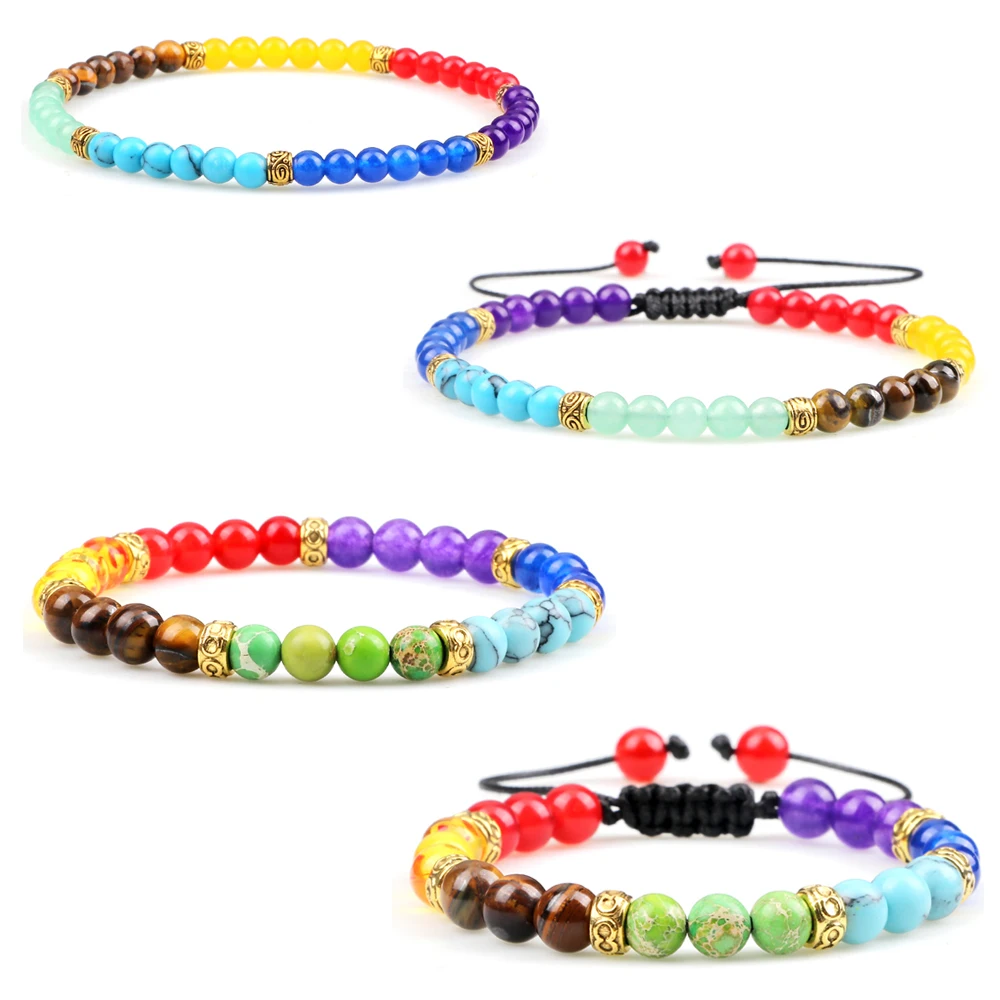 Minimalist 4 6MM 7 Chakra Natural Stone Bracelet Women Yoga Elastic Rope Bracelets Couple Adjustable Braided Bangles Jewelry New