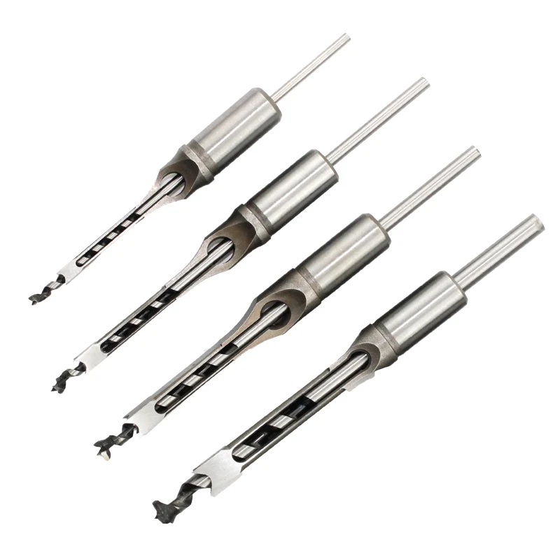 4PCS HSS Twist Drill Bits Square Auger Mortising Chisel Drill Set Square Hole Woodworking Drill Tools Kit Set Extended Saw BH01