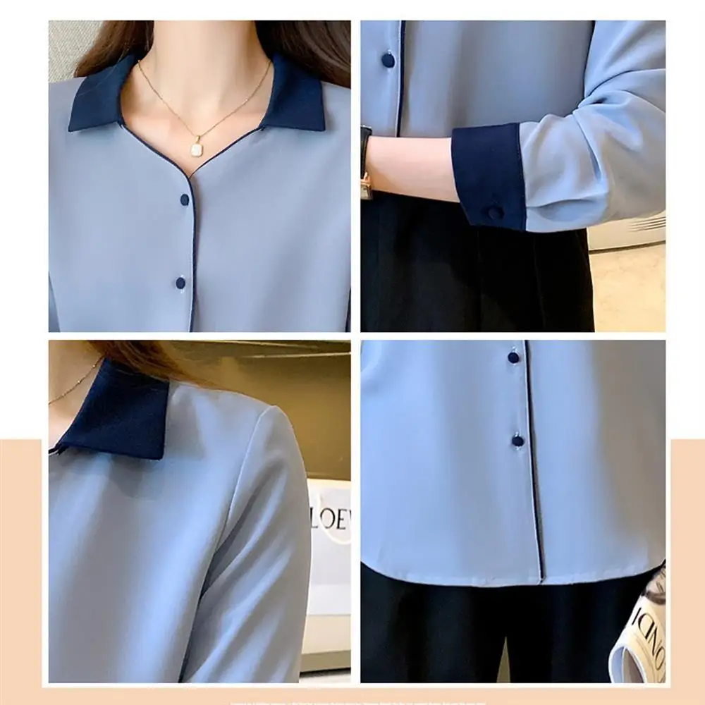 Vrouwen Solid Basic Chiffon Shirts 2022 Lente Herfst Nieuwe Commuter Werkkleding Lange Mouwen Revers Blouse Vrouwelijke Kleding 3XL