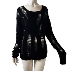 Women Dark Goth Split Hole Knit Sweaters Black Gothic Lady Hollow Out Cool Pullover Sweater Autumn Sexy See Through Pull Jumpers