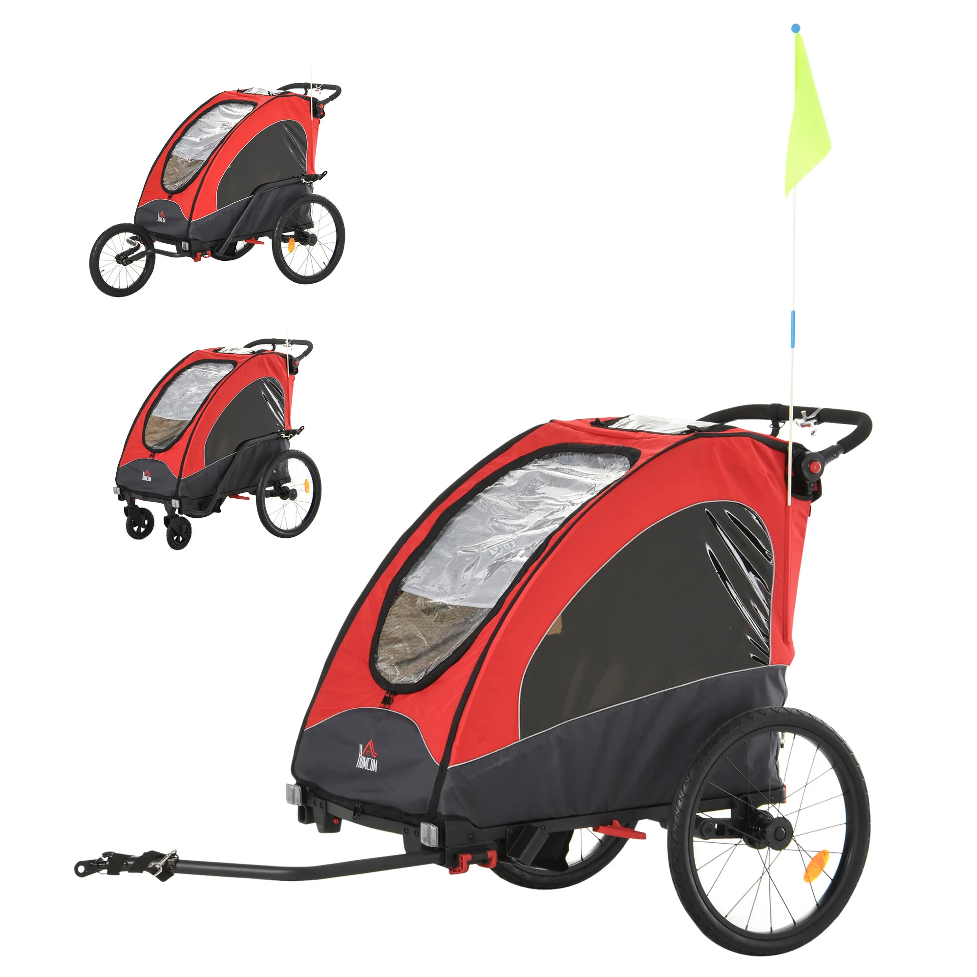 HOMCOM Children's 3in1 Child Bicycle Trailer + 6 Months Swivel Wheels and Handlebar Adjustable 150x85x107 cm Red