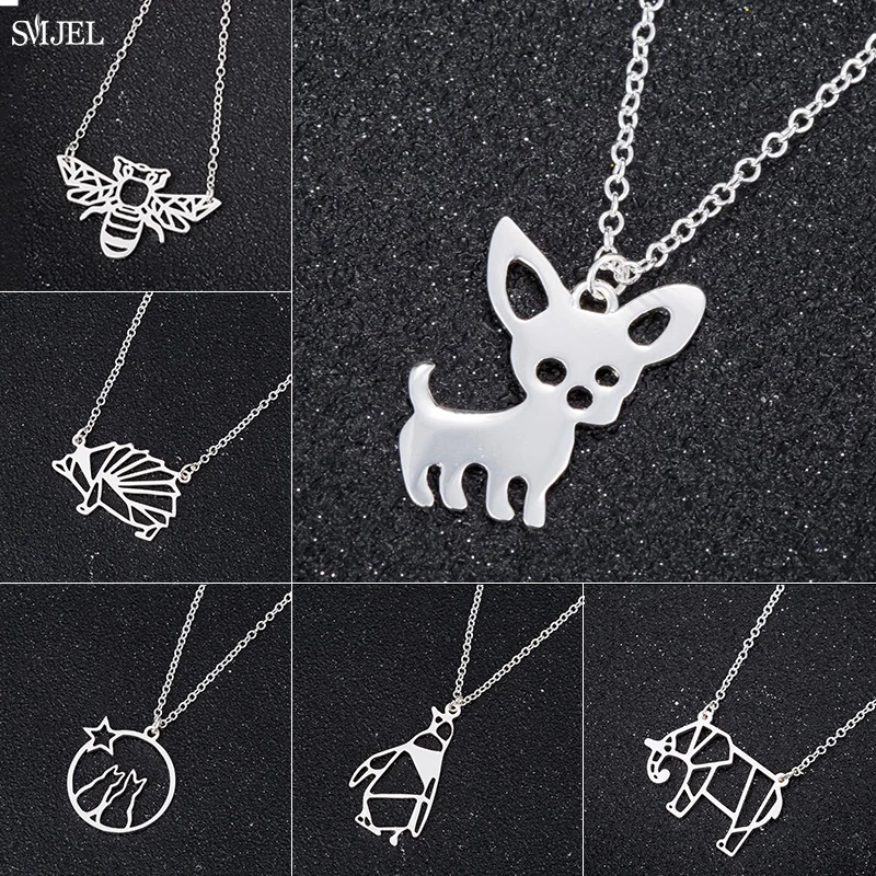 Cute Origami Cat Necklaces for Women Hollow Penguin Chihuahua Hedgehog Elephant Necklace Bee Choker Animal Girls Punk Jewelry