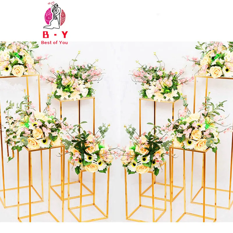 

Wrought iron geometric rectangular frame wedding party table centerpiece road lead artificial flowers backdrop stand decoration