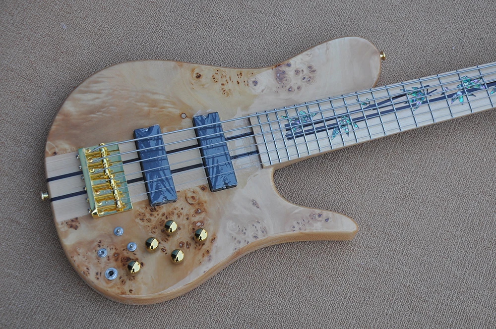 6 Strings Neck-thru-body Electric Bass Guitar with Maple fretboard,Abalone Inlay,Natural wood Color