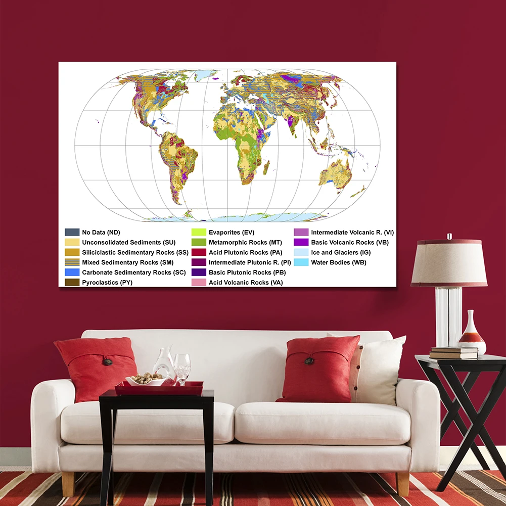 Mapa Geológico del mundo para decoración del hogar, lienzo no tejido de 225x150 cm, póster grande, suministros educativos de estudio