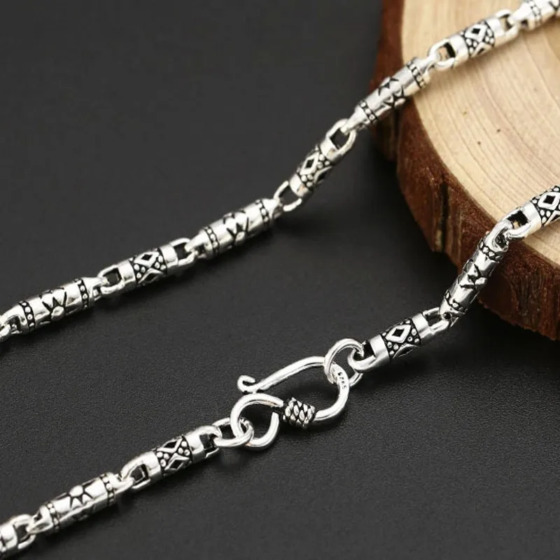 BOCAI Real S925 Silver Jewelry Sun Ray Barrel Beads Men and Women Necklace 4mm Retro Ethnic Style Stitching Necklace for Man